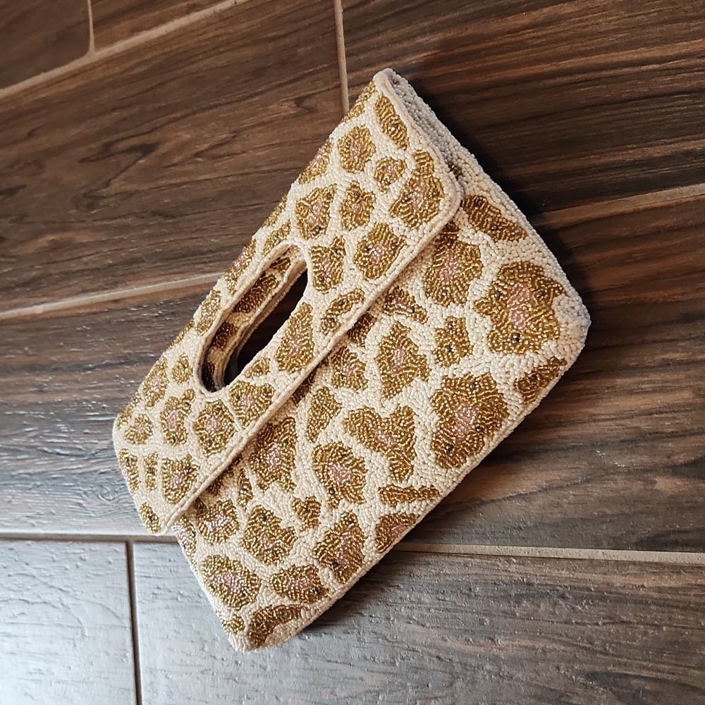 Beaded Cream and Gold Leopard Print Wristlet Clutch
